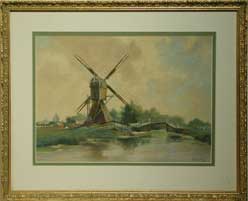 Gelder watercolour Dutch landscape with windmill