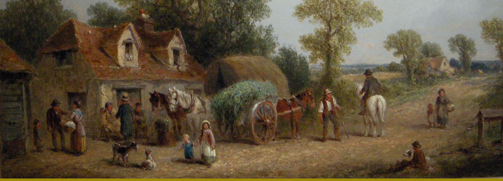 Pastoral painting with horse, straw cart, and people