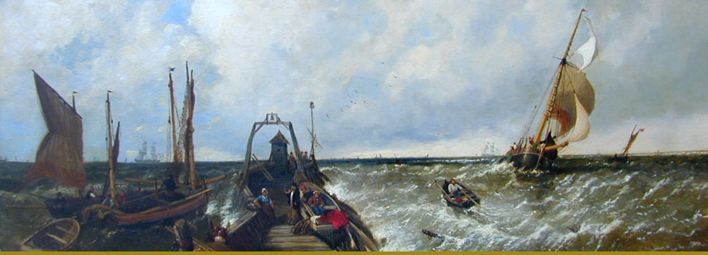 Marine painting with boats on a tumultuous sea